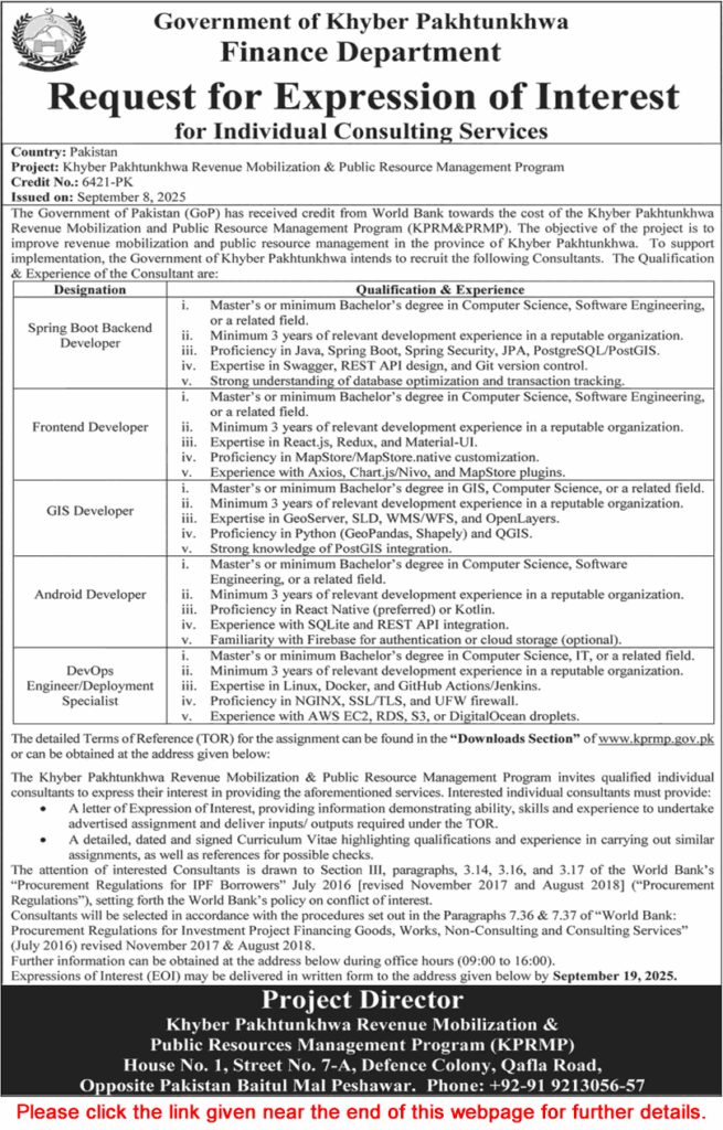 Finance Department KPK Jobs 2025 September Software Developers & Others KPRMP Latest
