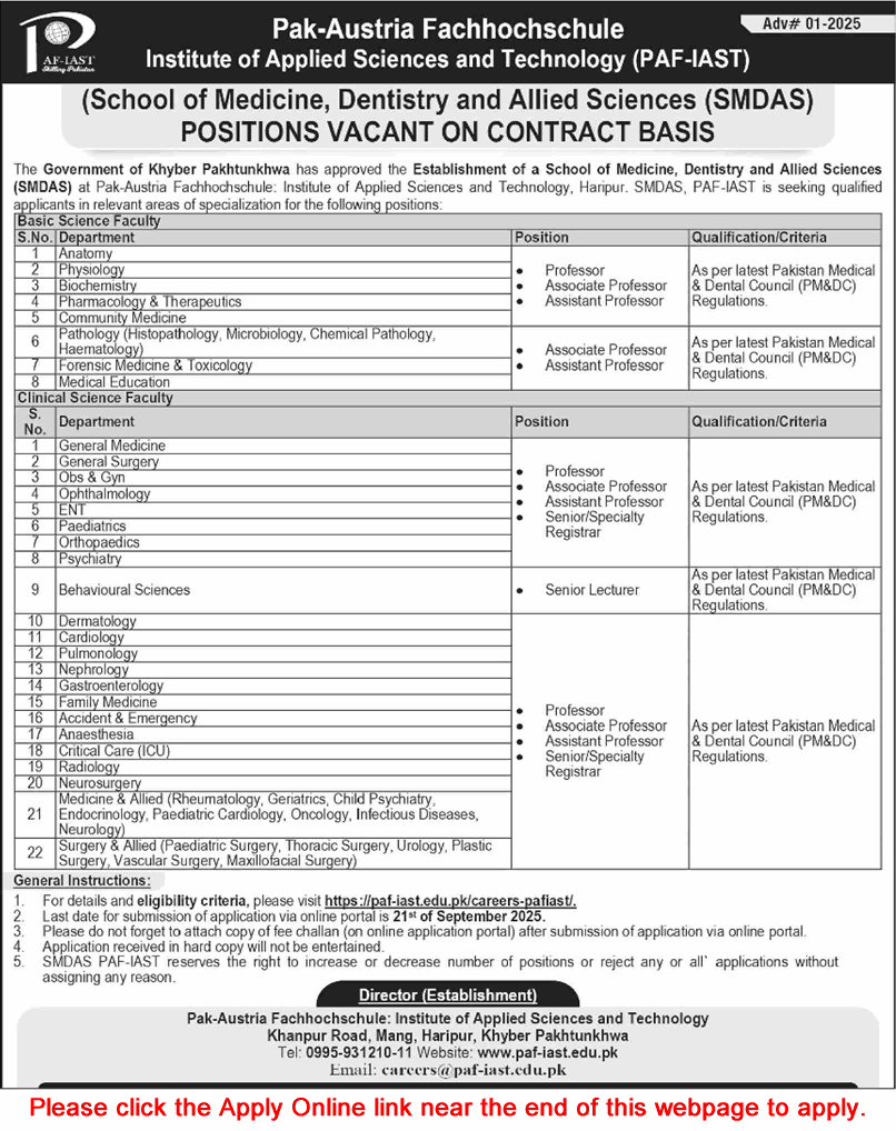 PAF IAST Haripur Jobs September 2025 Apply Online