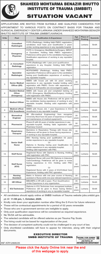 Shaheed Mohtarma Benazir Bhutto Institute of Trauma Karachi Jobs September 2025 Apply Online SMBBIT Latest