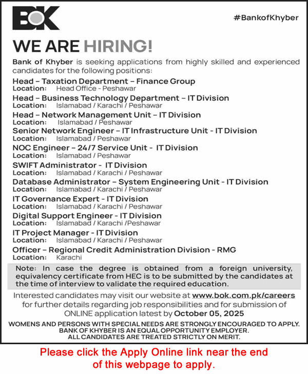 Bank of Khyber Jobs September 2025