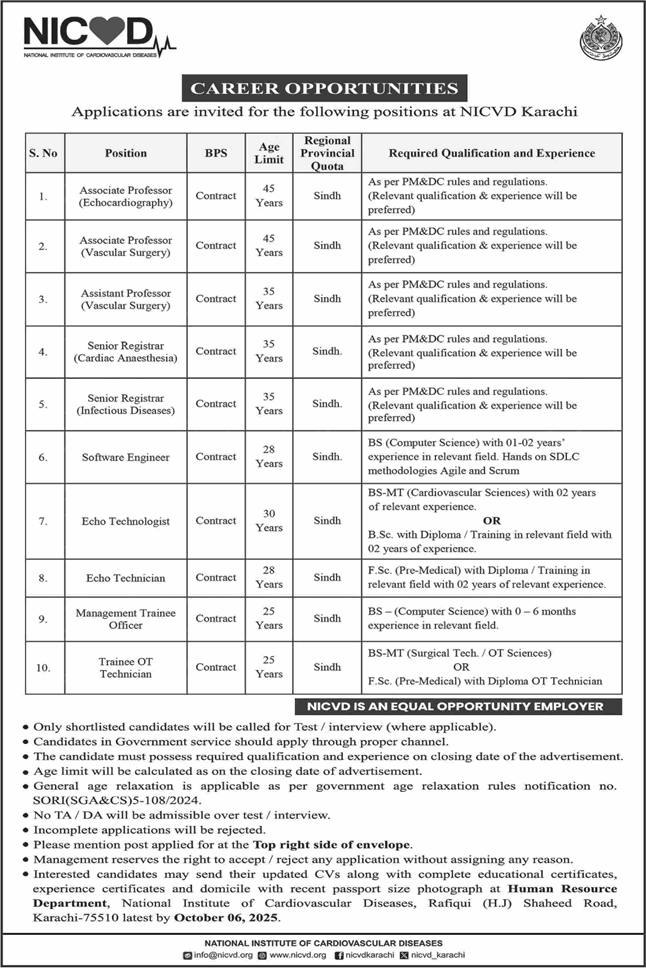 NICVD Karachi Jobs September 2025